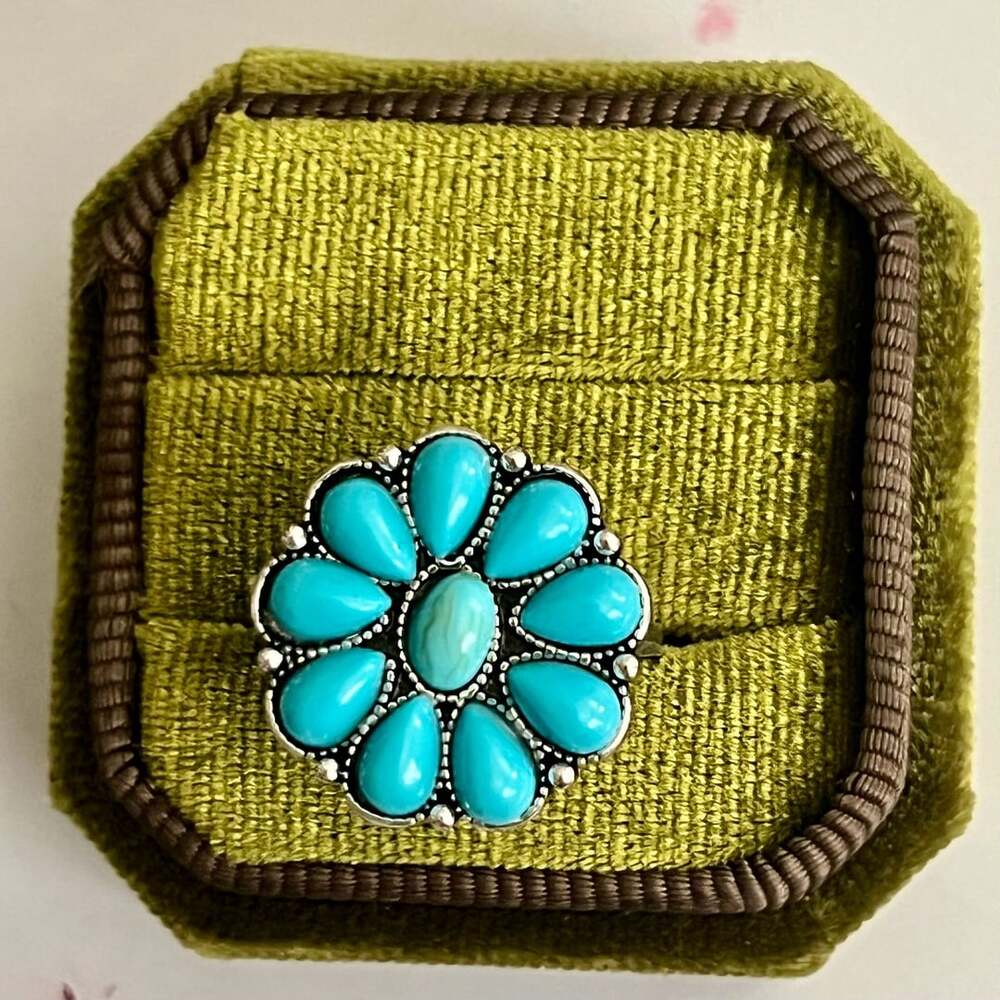 Turquoise Flower Cluster Titanium Steel Silver Statement Ring Size 6